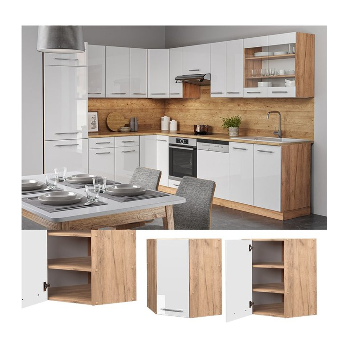 Vicco Eckhängeschrank Fame-Line modern in Eiche und Weiß mit Drehtüren und Einlegeboden, Breite: 57 cm - Bild 1