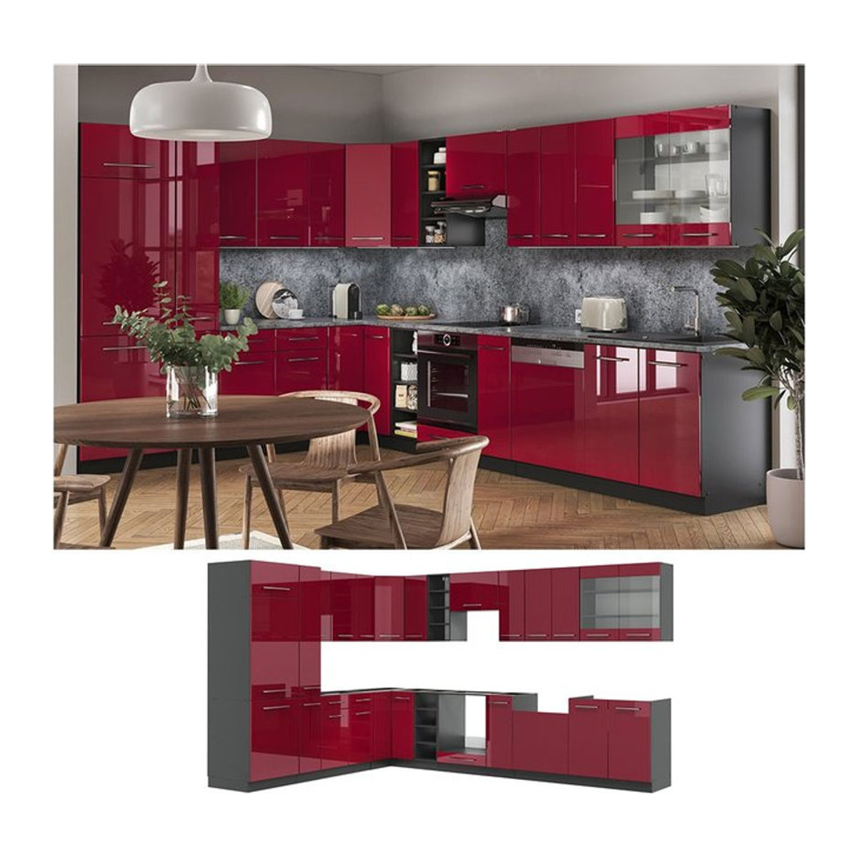 Vicco Eckküche Fame-LINE Küchenzeile in Bordeaux Rot Hochglanz Modern mit Drehtüren B/T/H: 257 x 347 cm - Bild 1