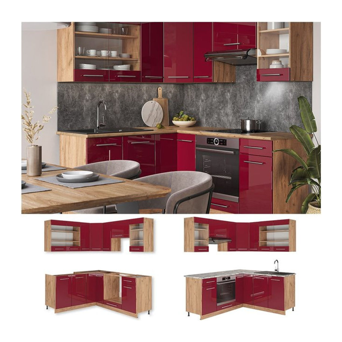 Vicco Eckküche Fame-Line Küchenzeile in Bordeaux Rot und Eiche Natur, modern mit Hochglanz-Elementen, Breite: 190 cm, Tiefe: 60 cm - Bild 1