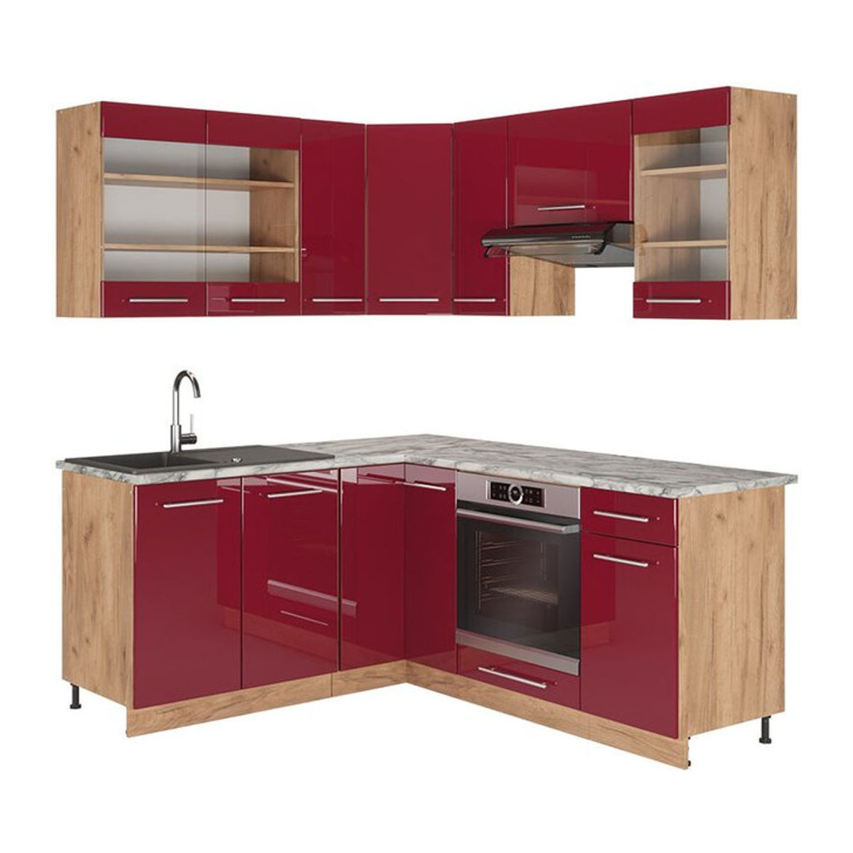 Vicco Eckküche Fame-Line Küchenzeile in Bordeaux Rot und Eiche Natur, modern mit Hochglanz-Elementen, Breite: 190 cm, Tiefe: 60 cm - Bild 2