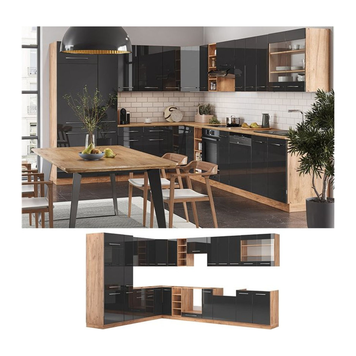 Vicco Eckküche Fame-Line Küchenzeile in Eiche Natur und Anthrazit, modern mit Drehtüren, Breite: 257 cm, Tiefe: 347 cm - Bild 1