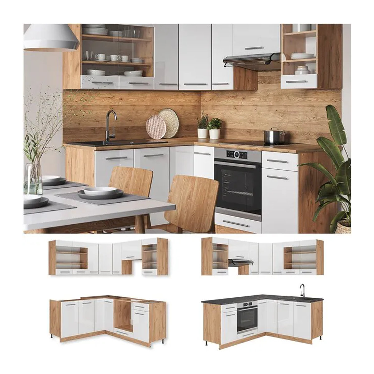 Vicco Eckküche Fame-Line Küchenzeile in Eiche und Weiß, moderne Einbauküche mit 190 cm Breite - Bild 1