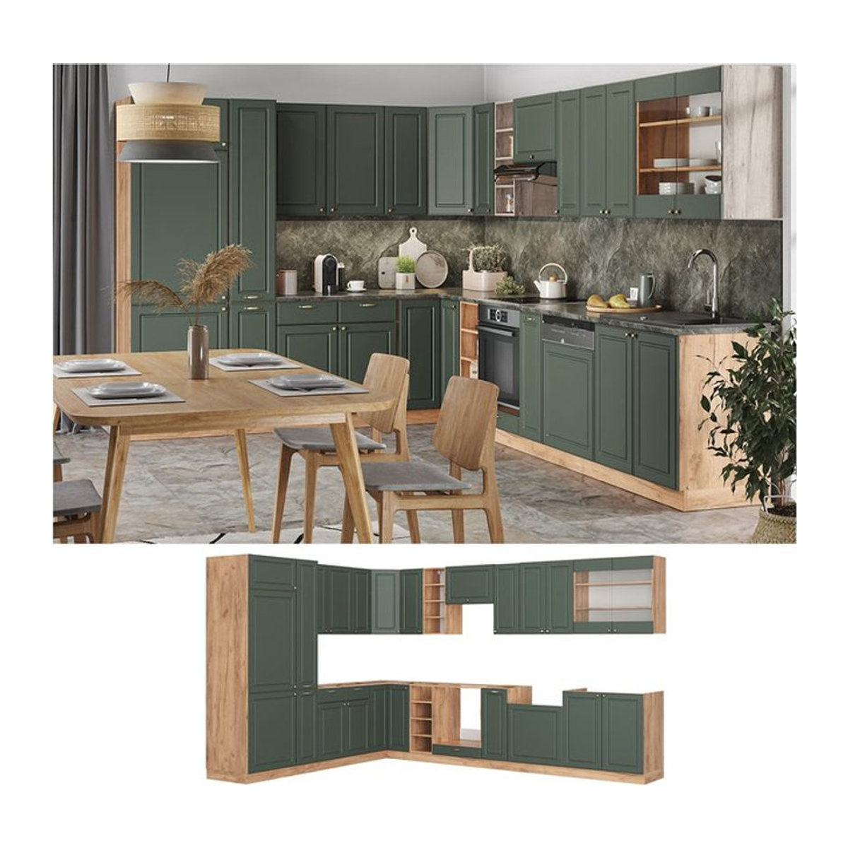 Vicco Eckküche Fame-Line Landhaus Küchenzeile in Eiche Grün Gold mit Spülenunterschrank, Herdumbauschrank, Hängeschrank, Kühlumbauschrank und Apothekerhochschrank, B/T/H: 347 x 257 x 85 cm (ohne Arbeitsplatte) - Bild 1
