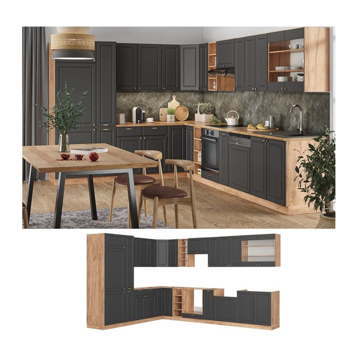 Vicco Eckküche Fame-Line Landhaus Küchenzeile in Eiche Natur und Anthrazit mit Gold-Akzenten B/T/H: 347 x 257 x 82 cm - Bild 1