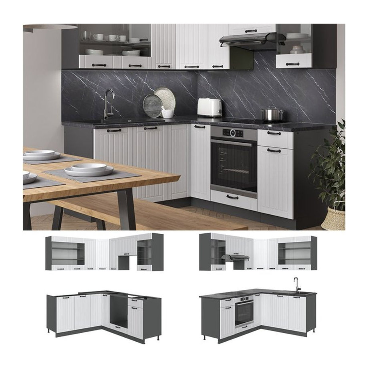 Vicco Eckküche Fame-Line Landhaus Winkelküche in Weiß und Anthrazit B/T: 160 x 60 cm - Bild 1