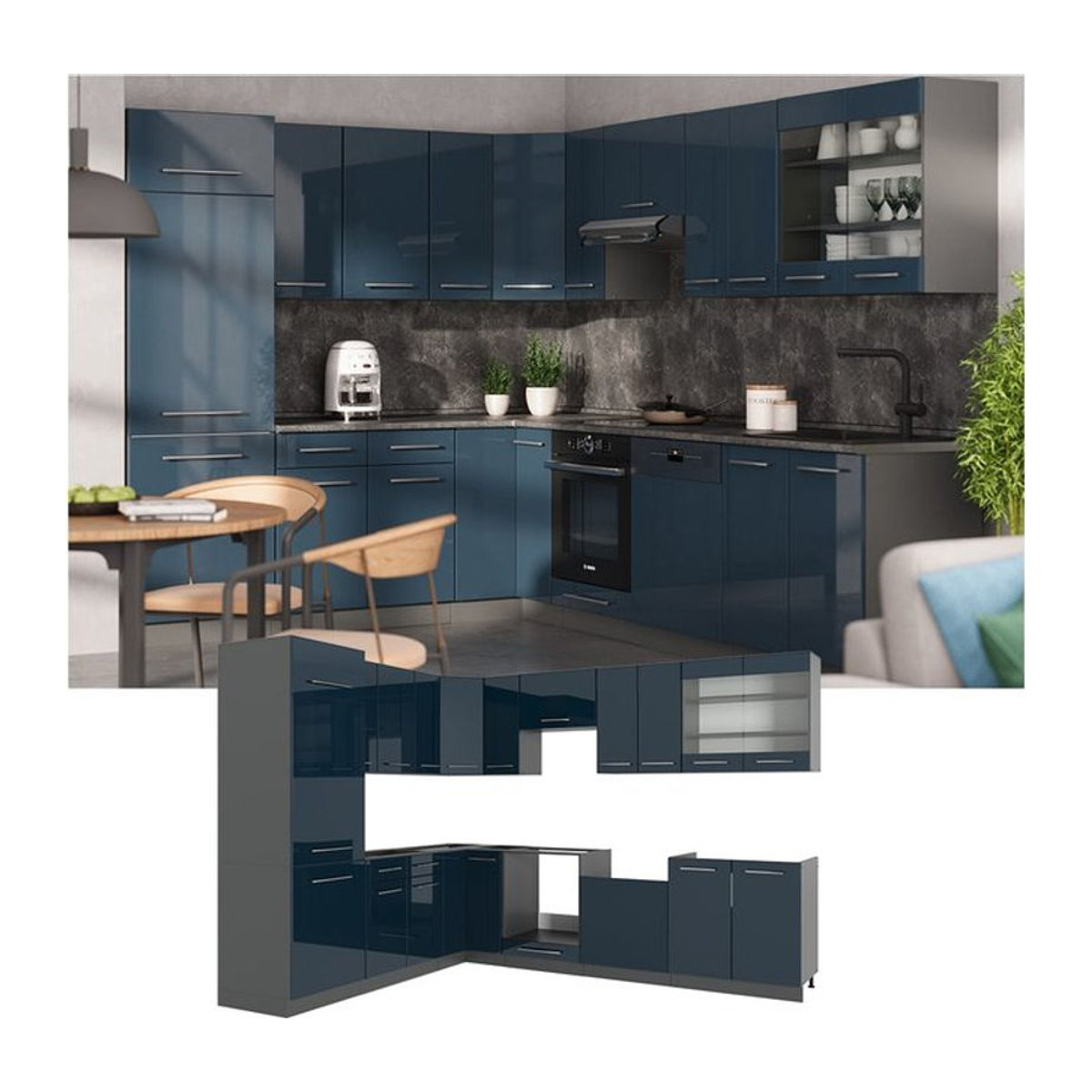 Vicco Eckküche Fame-Line Modern in Anthrazit und Dunkelblau Hochglanz mit weißer Marmor-Arbeitsplatte B: 287 cm, T: 227 cm - Bild 1