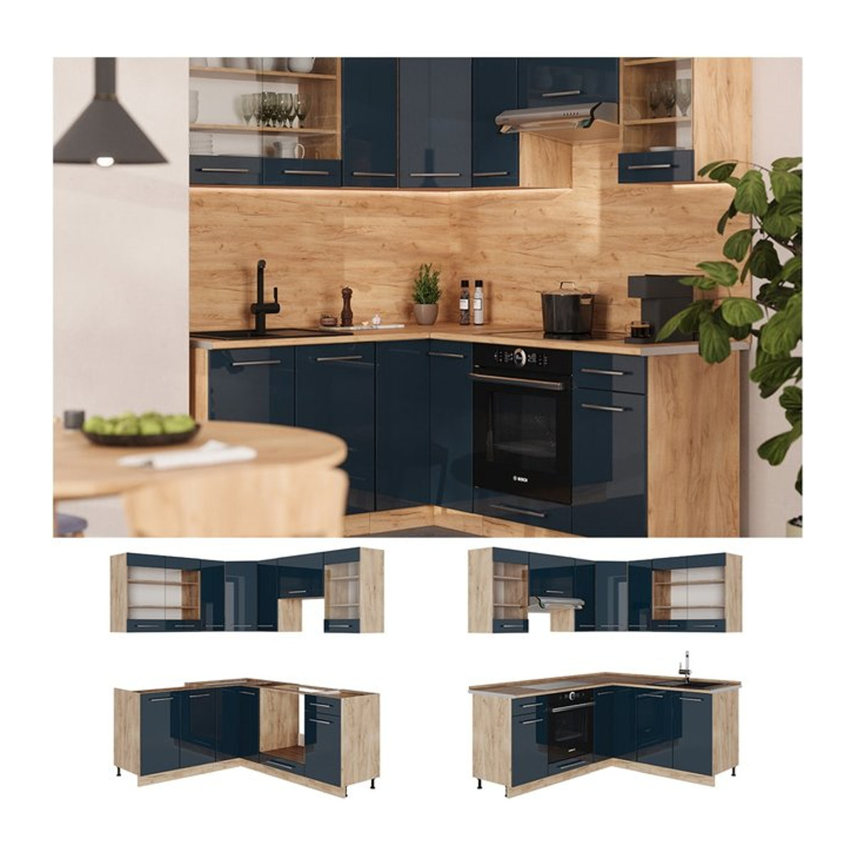 Vicco Eckküche Fame-Line Winkelküche in Eiche Dunkel und Dunkelblau Hochglanz ohne Arbeitsplatte B/T/H: 160 x 190 cm - Bild 1