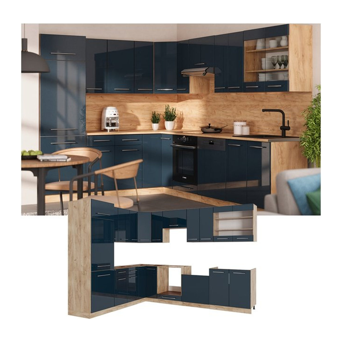 Vicco Eckküche Fame-Line Winkelküche in Eiche Dunkelblau Hochglanz mit Arbeitsplatte Eiche, B/T/H: 287 x 227 cm - Bild 1