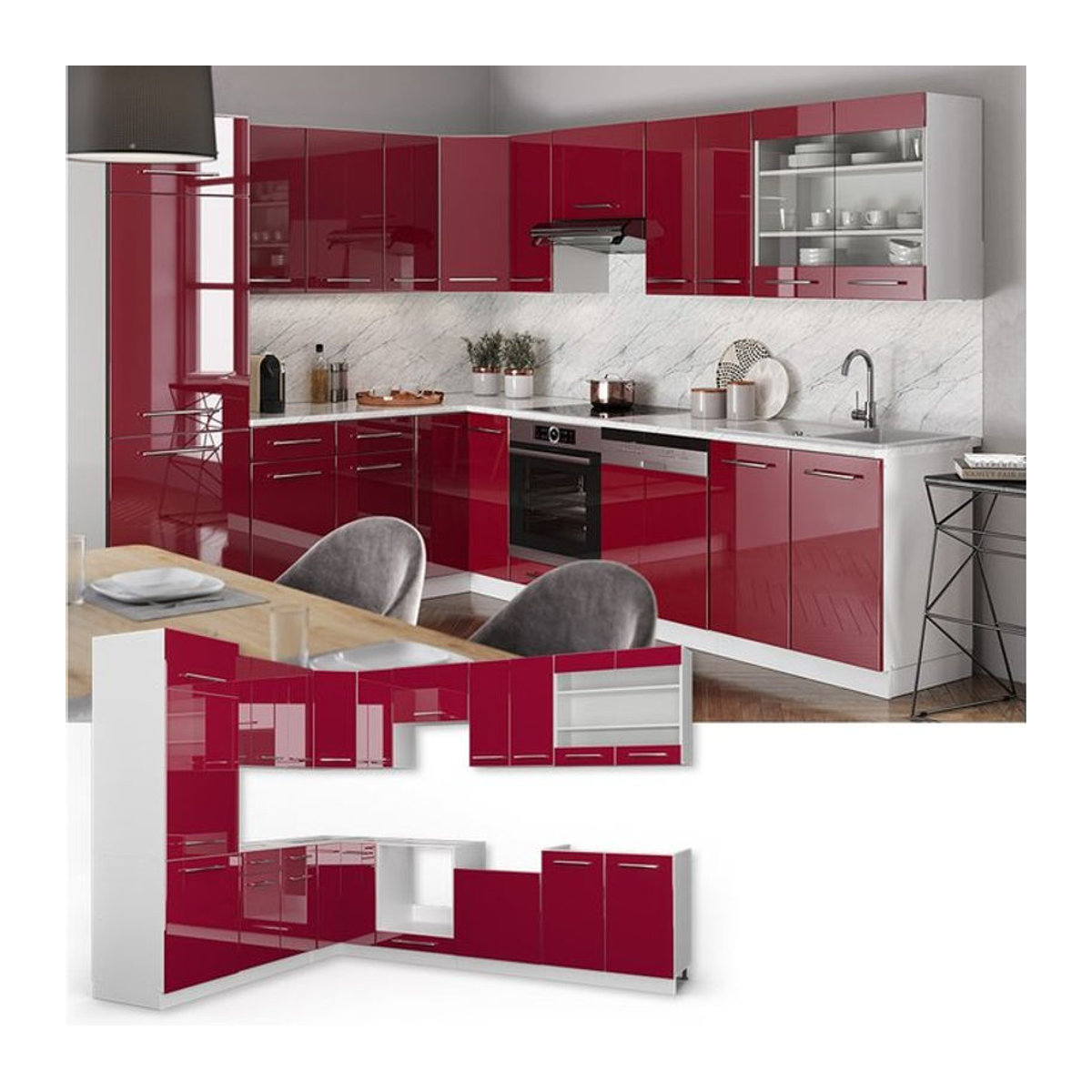 Vicco Eckküche Fame-Line Winkelküche in Rot mit Hochglanz-Finish und Drehtüren B/T/H: 290 x 230 cm - Bild 1
