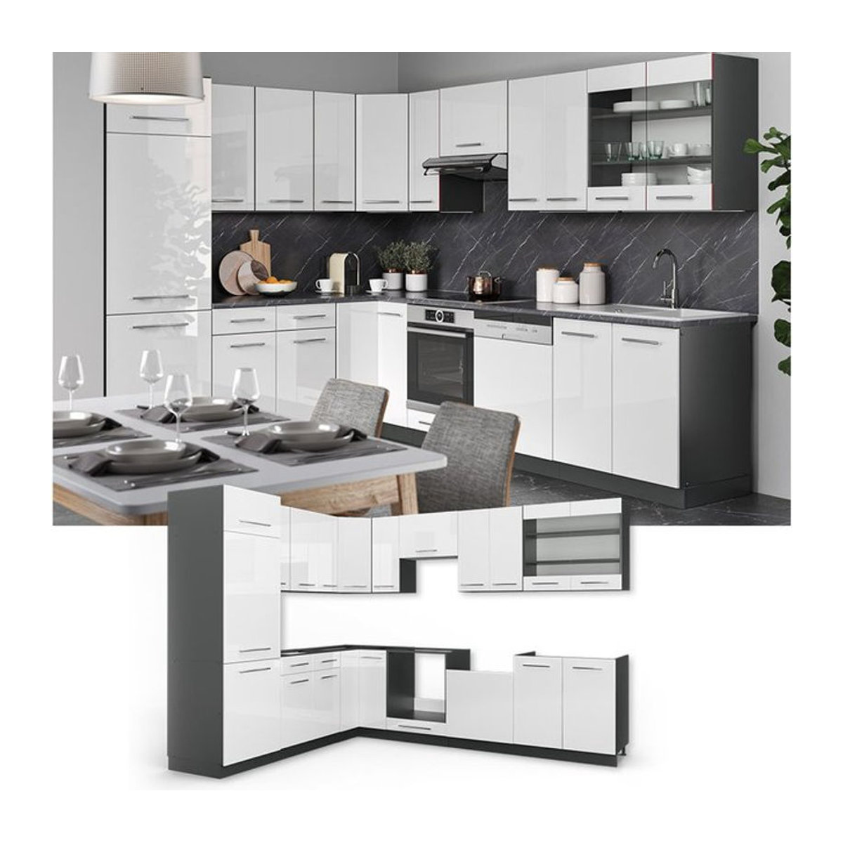 Vicco Eckküche Fame-Line Winkelküche in Weiß Hochglanz und Anthrazit ohne Arbeitsplatte B: 227 cm, T: 60 cm - Bild 1
