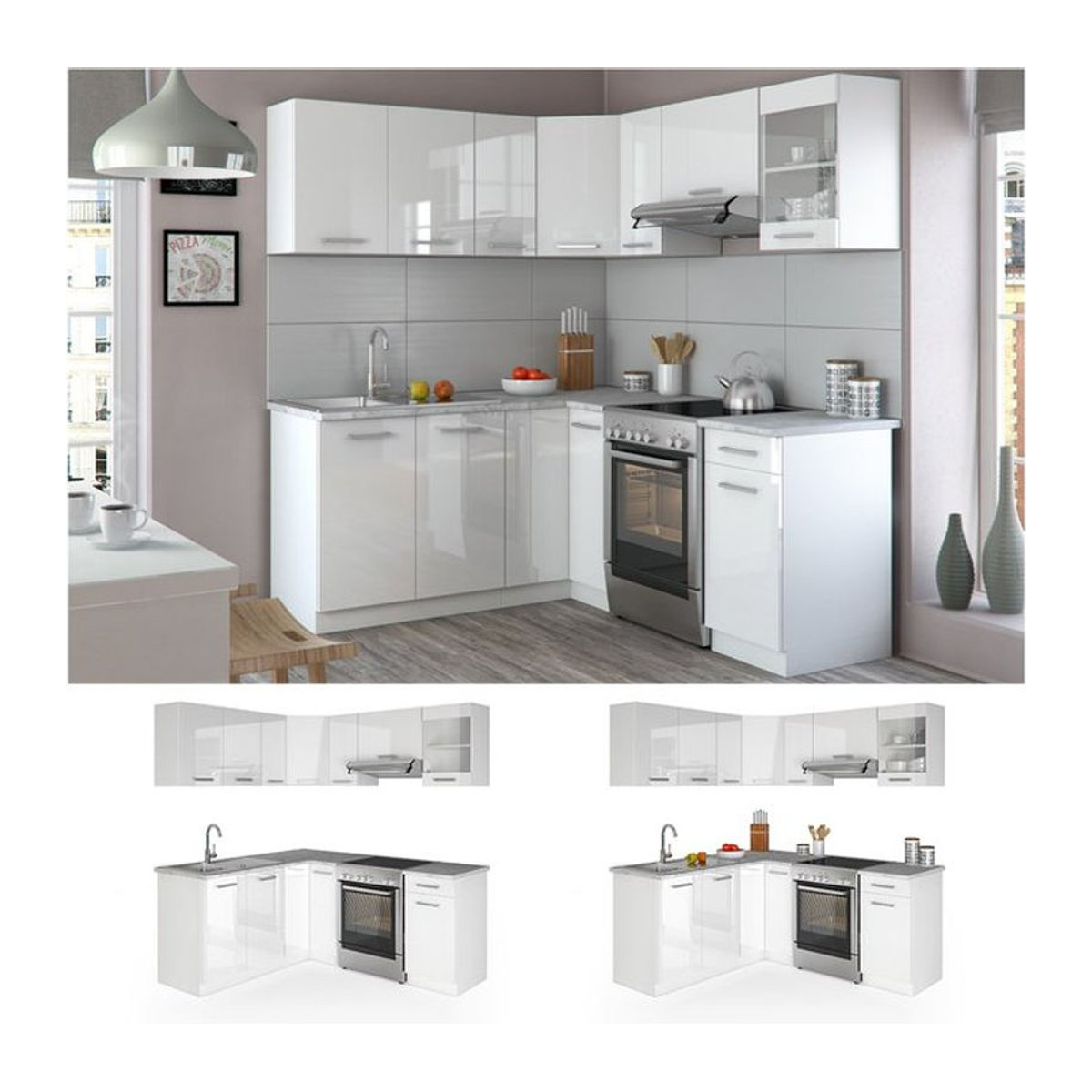 Vicco Eckküche in L-Form als moderne Winkelküche in Weiß aus Holzwerkstoff mit B/T: 187 x 169,41 cm - Bild 1