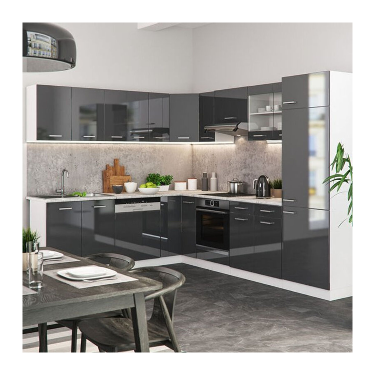 Vicco Eckküche R-Line in Anthrazit Hochglanz und Weiß mit Marmor-Optik, B/T/H: 287 x 207 x 60 cm - Bild 1