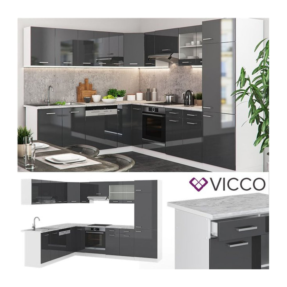 Vicco Eckküche R-Line in Anthrazit Hochglanz und Weiß mit Marmor-Optik, B/T/H: 287 x 207 x 60 cm - Bild 2