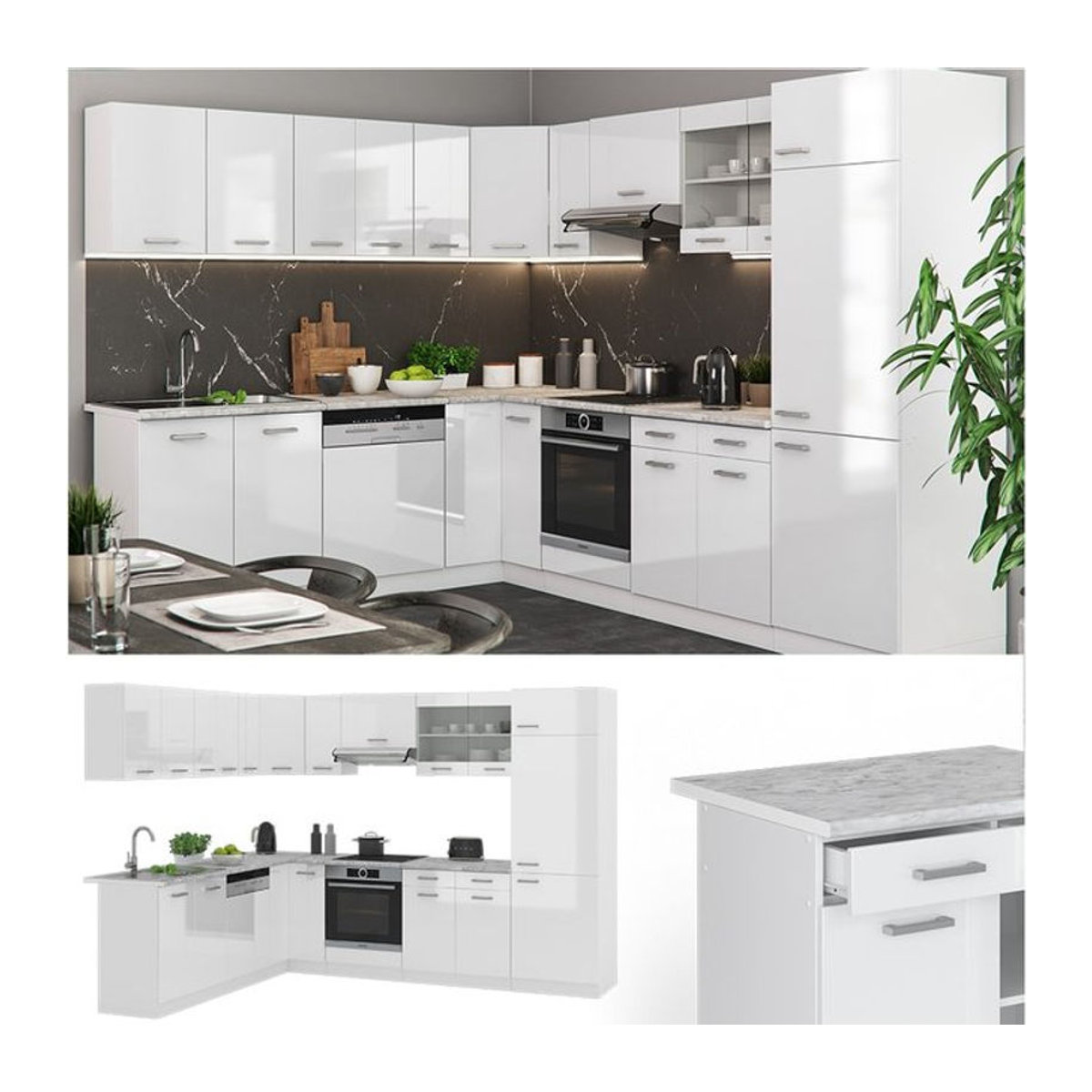 Vicco Eckküche R-Line in Weiß Hochglanz mit Marmor-Optik, B/T/H: 227 x 287 x 60 cm - Bild 1