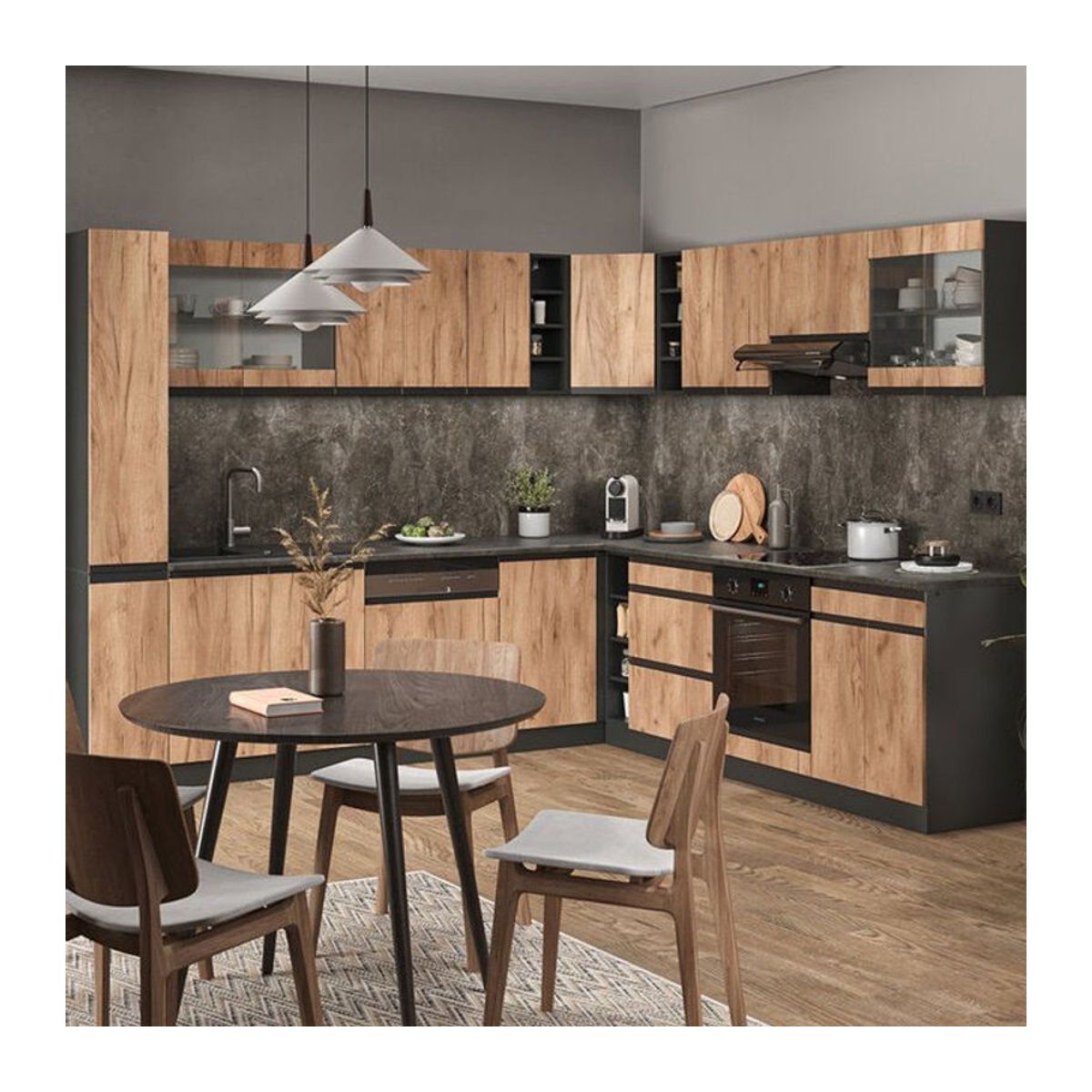 Vicco Eckküche R-Line J-Shape in Anthrazit und Eiche Natur, moderne Winkelküche aus Holzwerkstoff, B/T/H: 277 x 257 x 251,34 cm - Bild 1