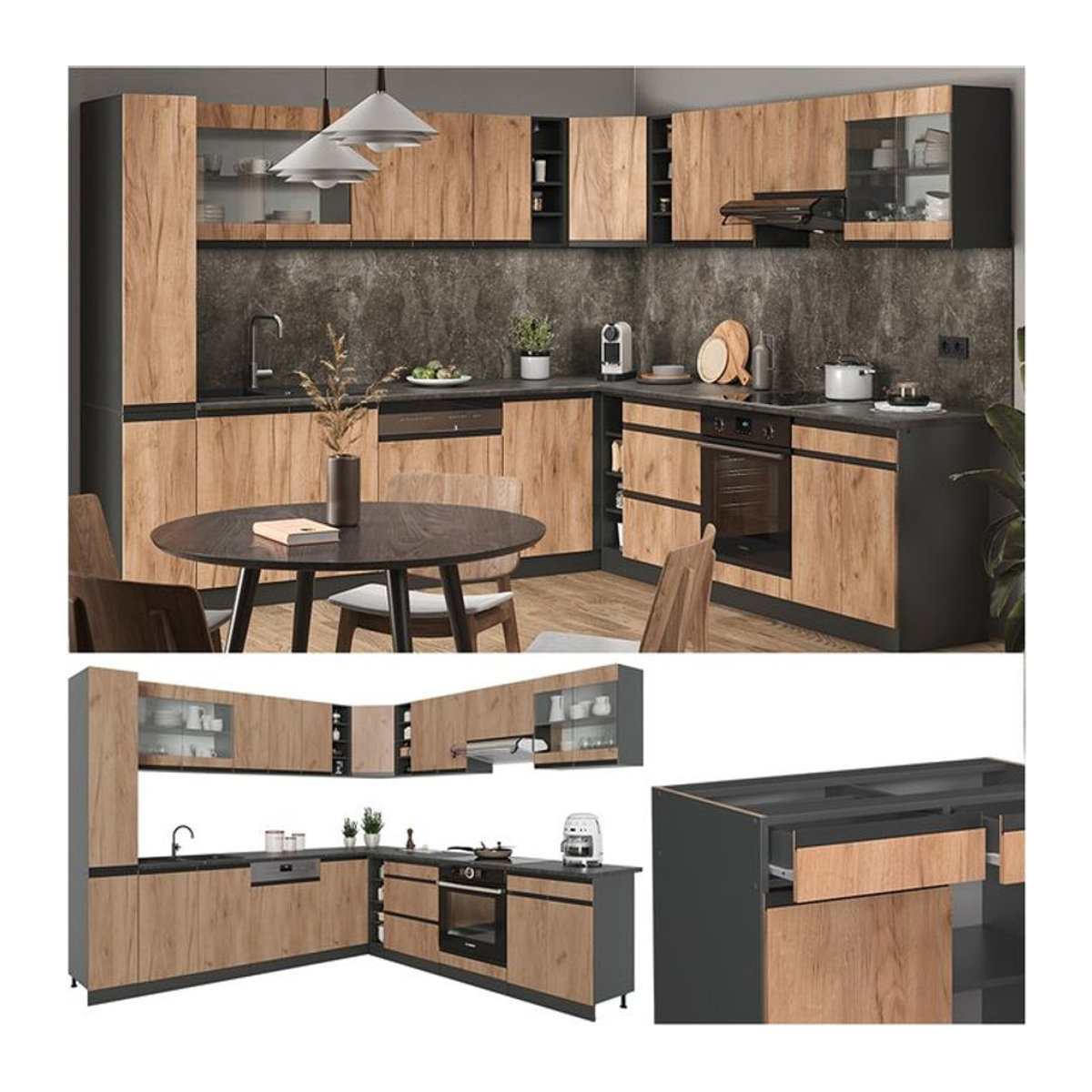 Vicco Eckküche R-Line J-Shape in Anthrazit und Eiche Natur, moderne Winkelküche aus Holzwerkstoff, B/T/H: 277 x 257 x 251,34 cm - Bild 2