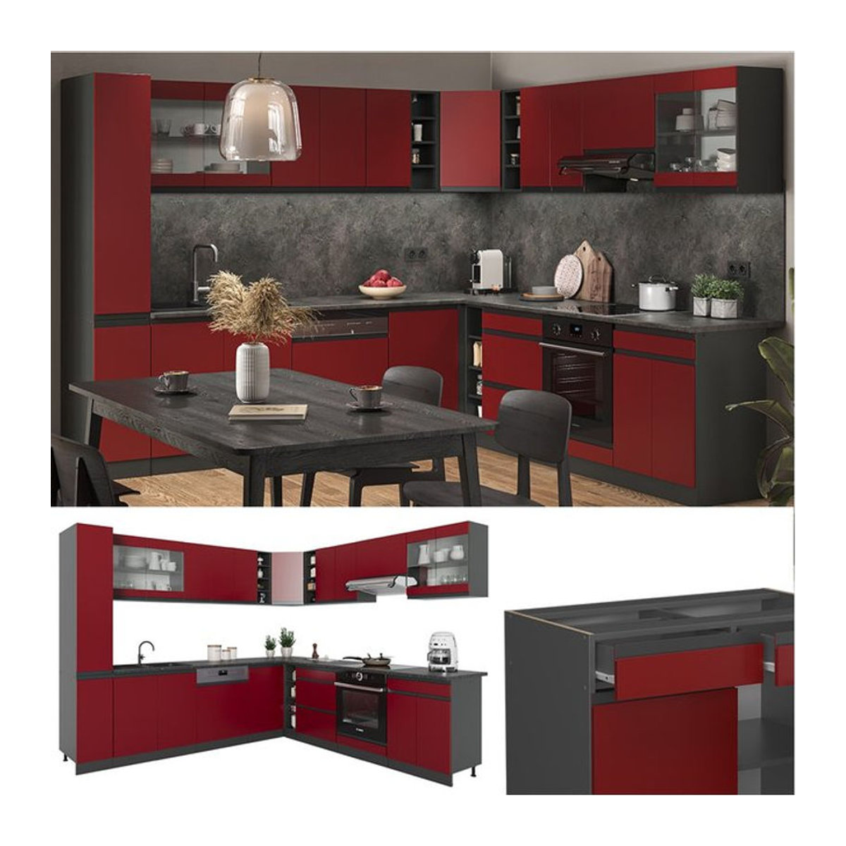 Vicco Eckküche R-Line J-Shape in Anthrazit und Rot, moderne Winkelküche aus melaminiertem Holzwerkstoff - Bild 1