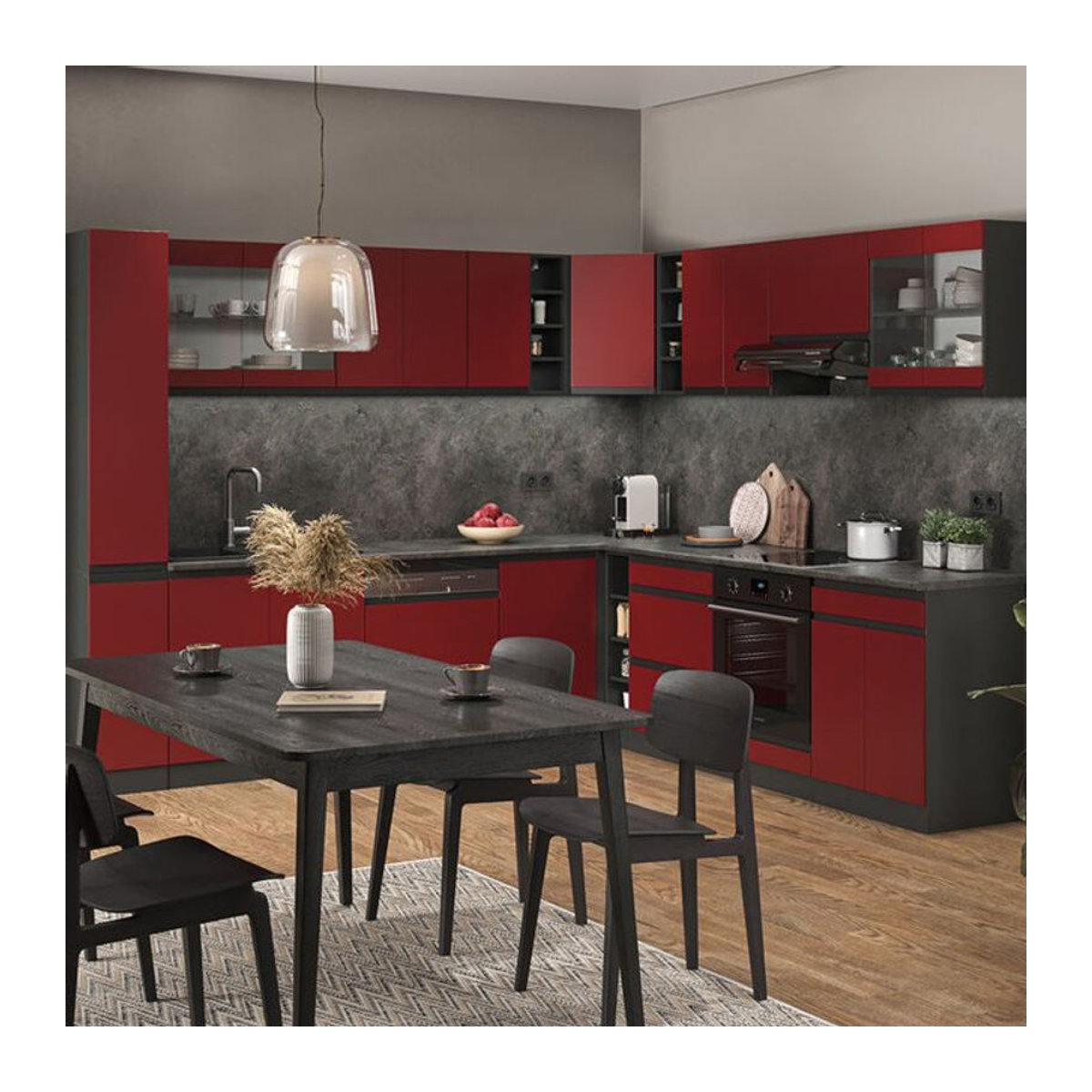 Vicco Eckküche R-Line J-Shape in Anthrazit und Rot, moderne Winkelküche aus melaminiertem Holzwerkstoff - Bild 2