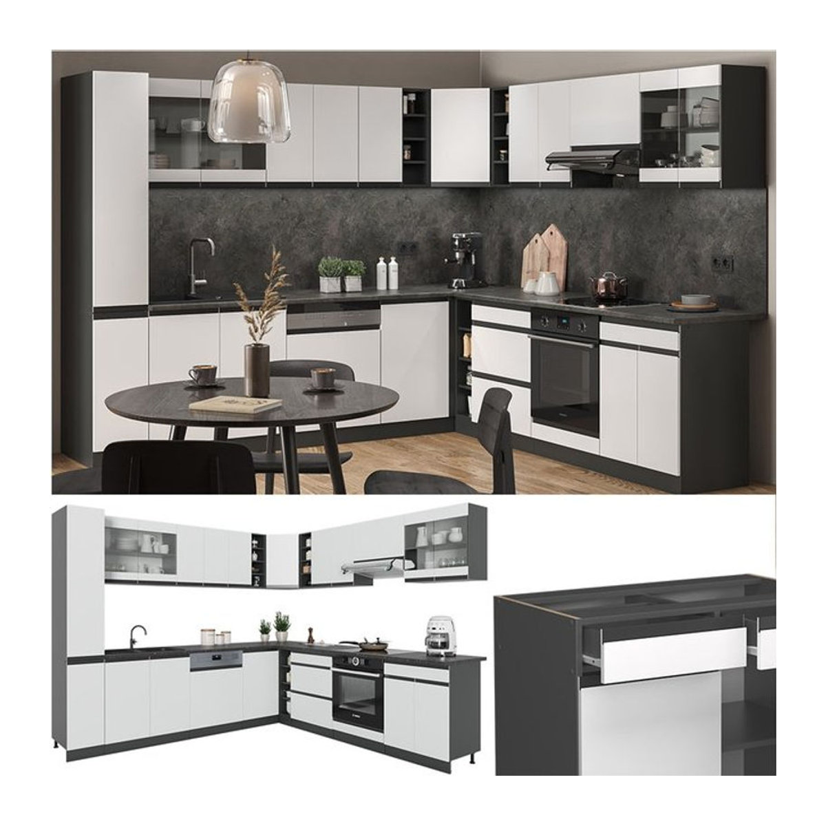 Vicco Eckküche R-Line J-Shape in Anthrazit und Weiß, moderne Winkelküche mit Drehtüren - Bild 1