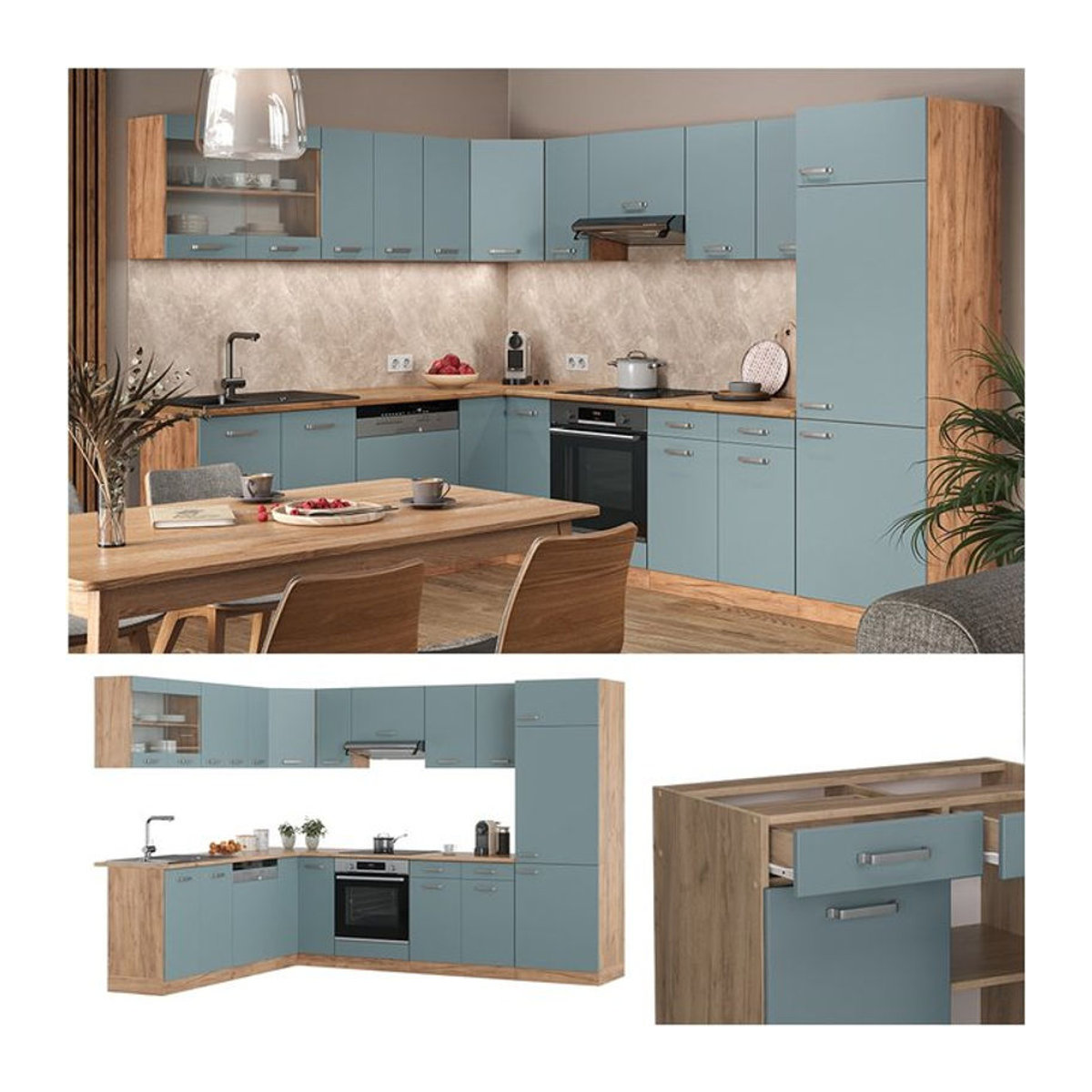 Vicco Eckküche R-Line Modern in Eiche Natur, Blau und Grau mit Drehtüren, B/T/H: 287 x 227 cm - Bild 1