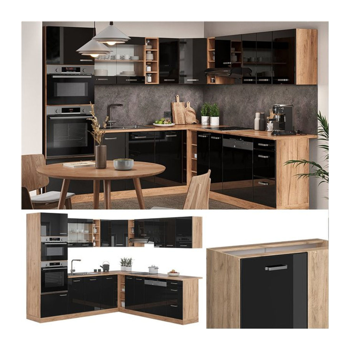Vicco Eckküche R-Line Modern in Eiche Natur und Schwarz mit Drehtüren, B/H: 247 x 237 cm - Bild 1