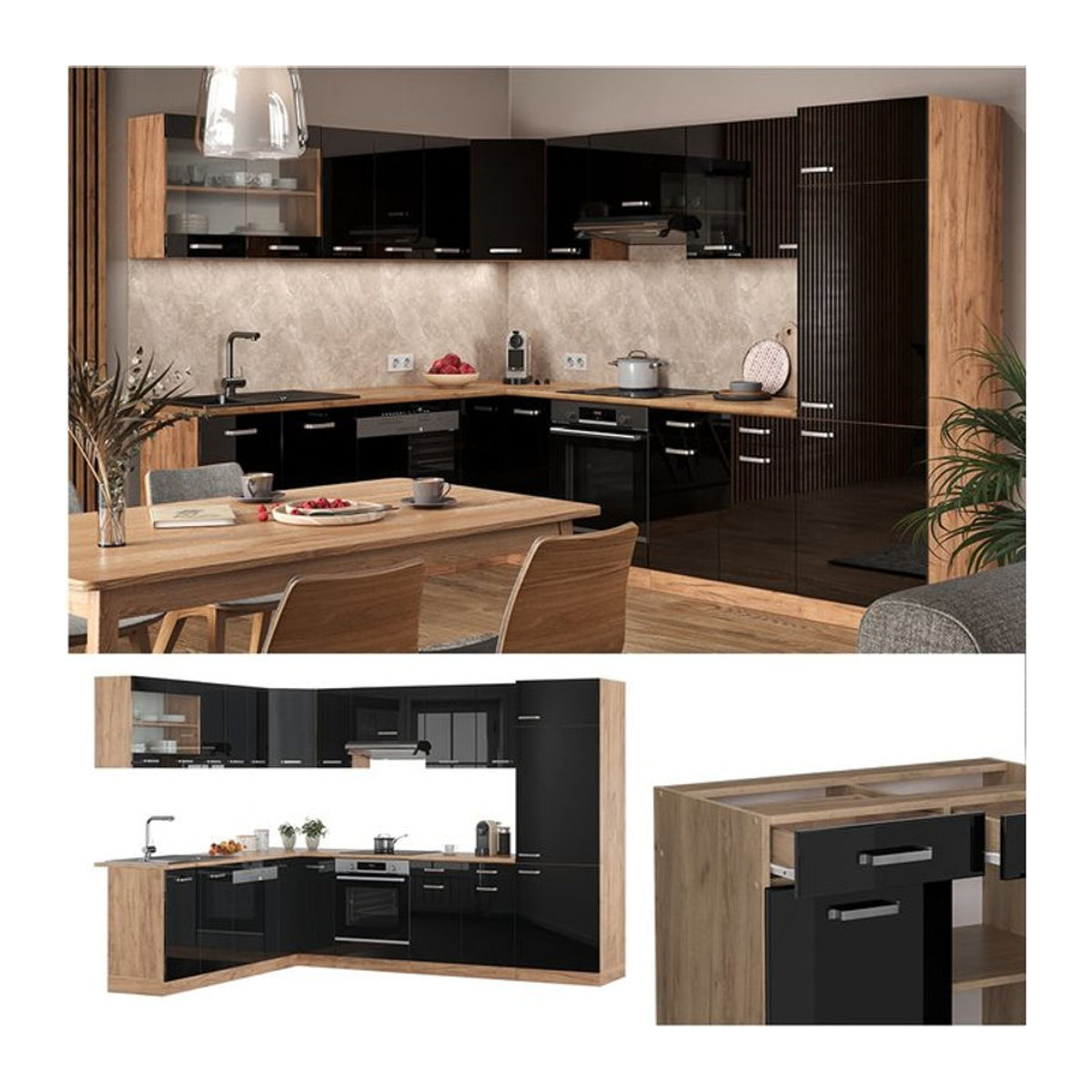 Vicco Eckküche R-Line Modern in Eiche Natur und Schwarz mit Drehtüren, B/T/H: 287 x 227 cm - Bild 1
