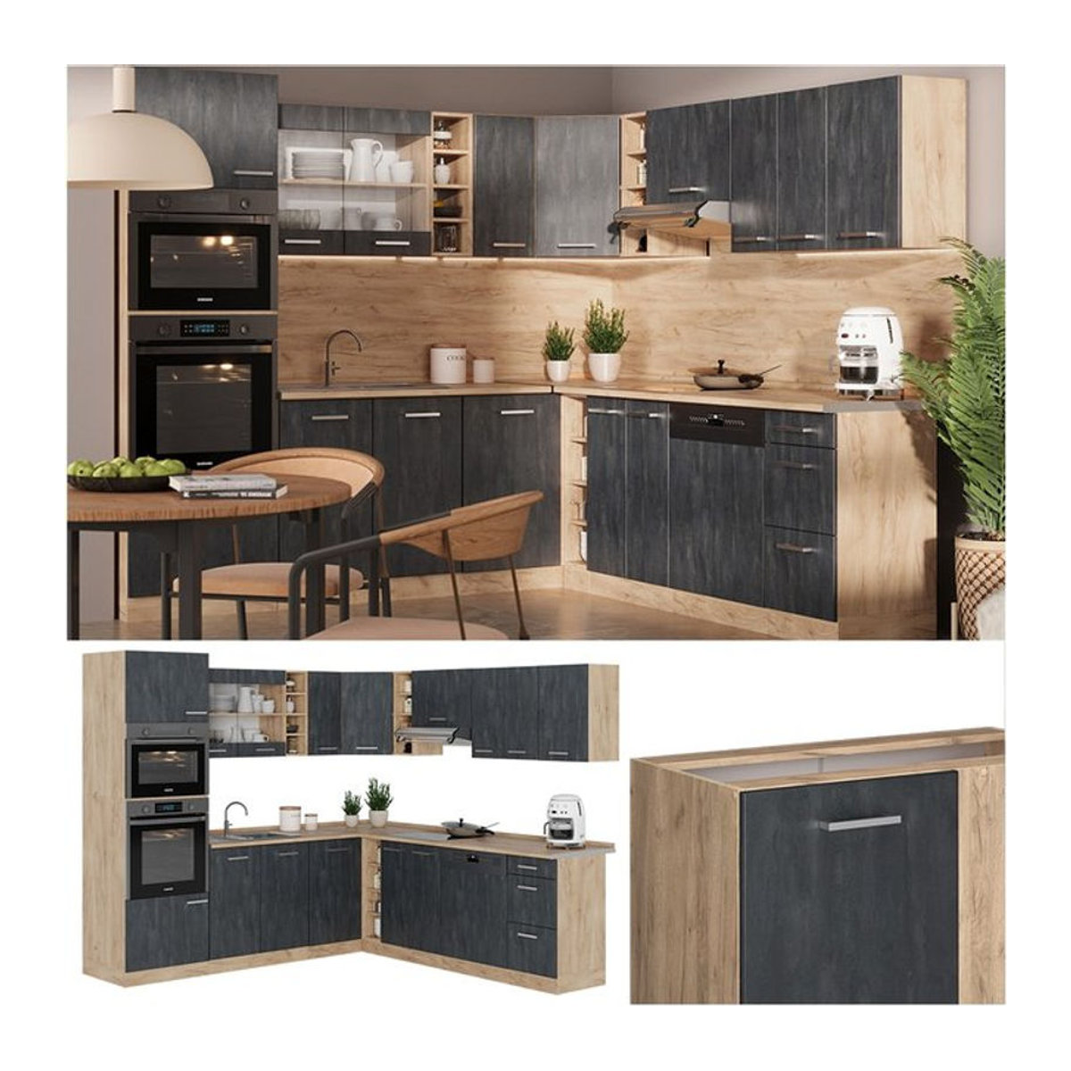 Vicco Eckküche R-Line Modern in Schwarz Beton und Eiche Natur ohne Arbeitsplatte B: 247 cm, H: 237 cm - Bild 1