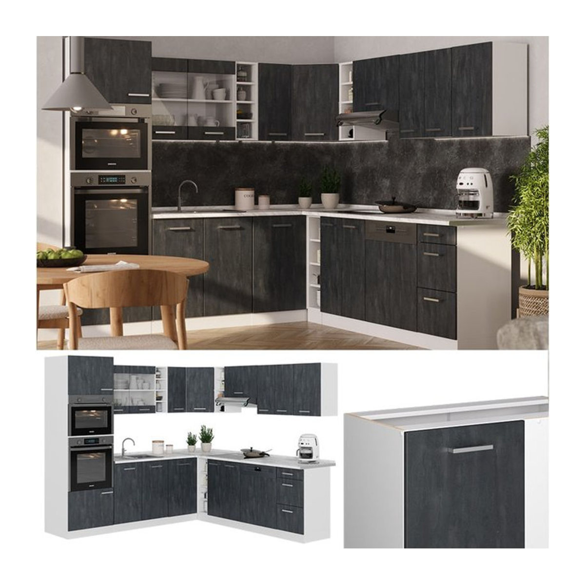 Vicco Eckküche R-Line Modern in Schwarz Beton und Weiß ohne Arbeitsplatte B: 247 cm, T: 237 cm - Bild 1