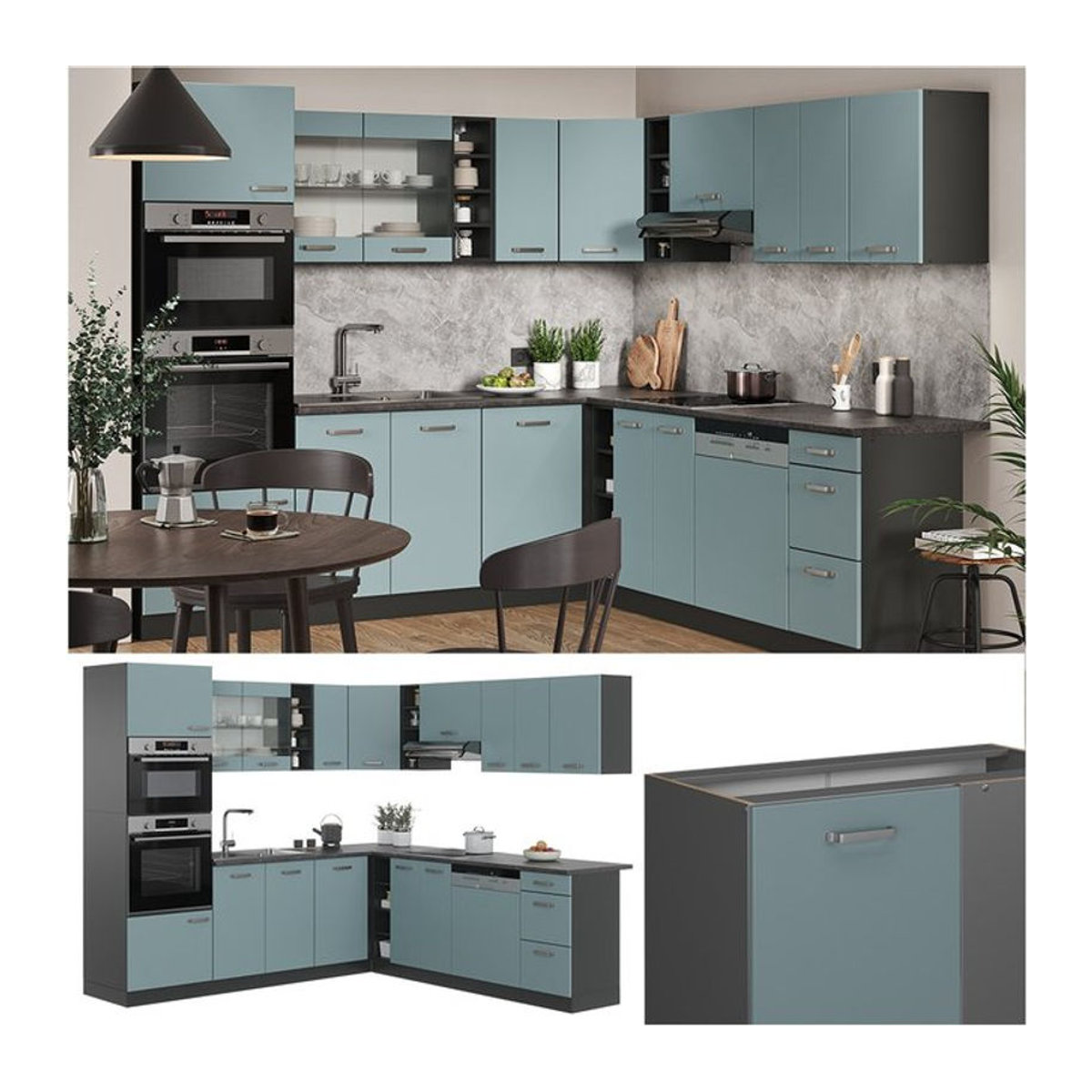 Vicco Eckküche R-Line Solid in Anthrazit, Blau und Grau, moderne Winkelküche mit Drehtüren, B: 247 cm, H: 237 cm - Bild 1