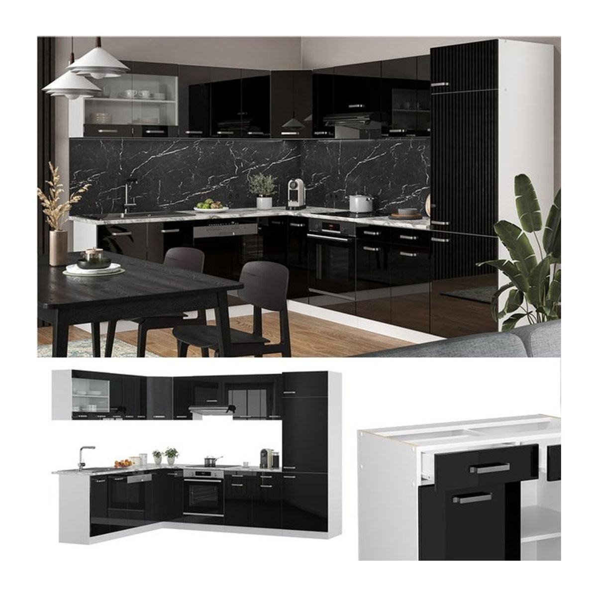 Vicco Eckküche R-Line Solid Modern in Weiß und Schwarz mit Arbeitsplatte - Bild 1