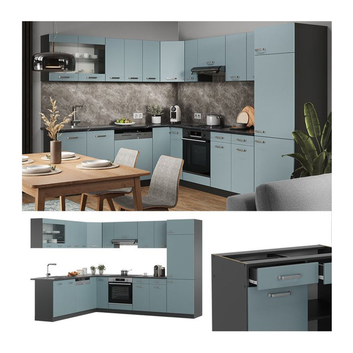 Vicco Eckküche R-Line Solid moderne Winkelküche in Anthrazit, Blau und Grau B: 287 cm, T: 227 cm mit Drehtüren - Bild 1
