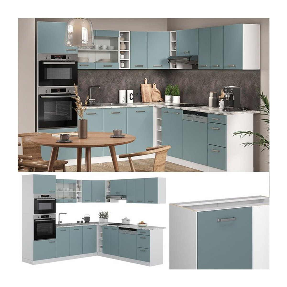 Vicco Eckküche R-Line Solid moderne Winkelküche mit Drehtüren in Weiß, Blau und Grau, B: 247 cm, H: 237 cm - Bild 1