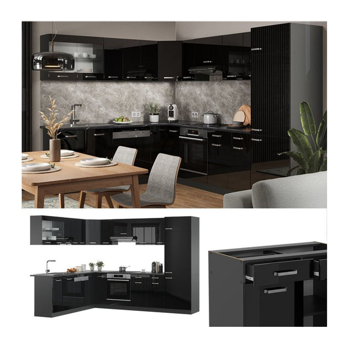Vicco Eckküche R-Line Solid Winkelküche in Anthrazit und Schwarz, modern mit Drehtüren, B/T: 287 x 227 cm - Bild 1