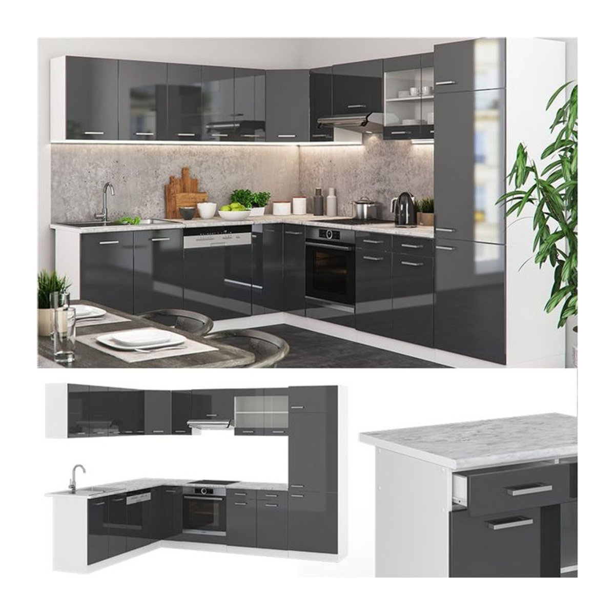 Vicco Eckküche R-Line Winkelküche in Anthrazit Hochglanz und Weiß, B/T/H: 227 x 287 cm - Bild 1
