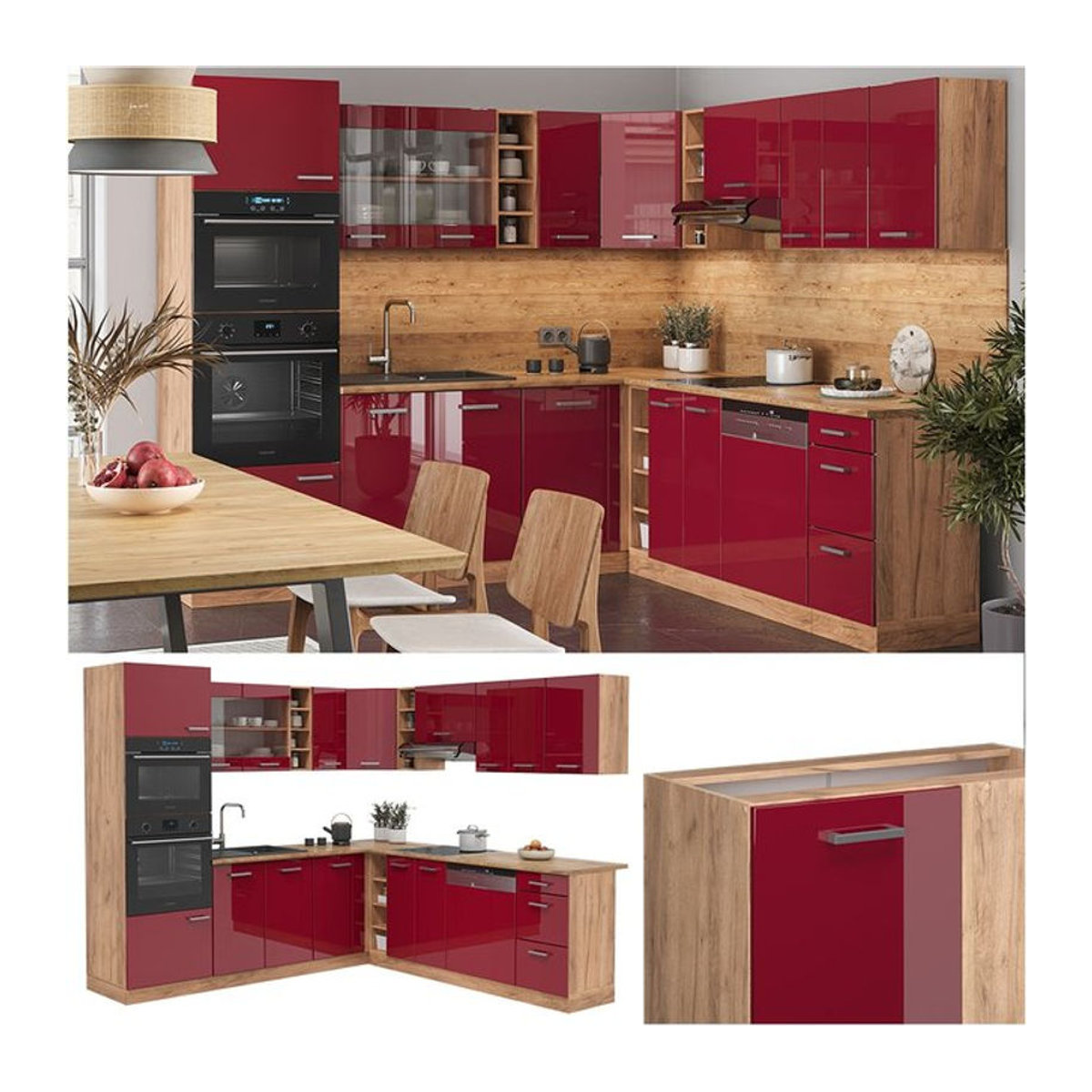 Vicco Eckküche R-Line Winkelküche in Eiche Natur und Bordeaux mit Hochglanz-Finish - Bild 1
