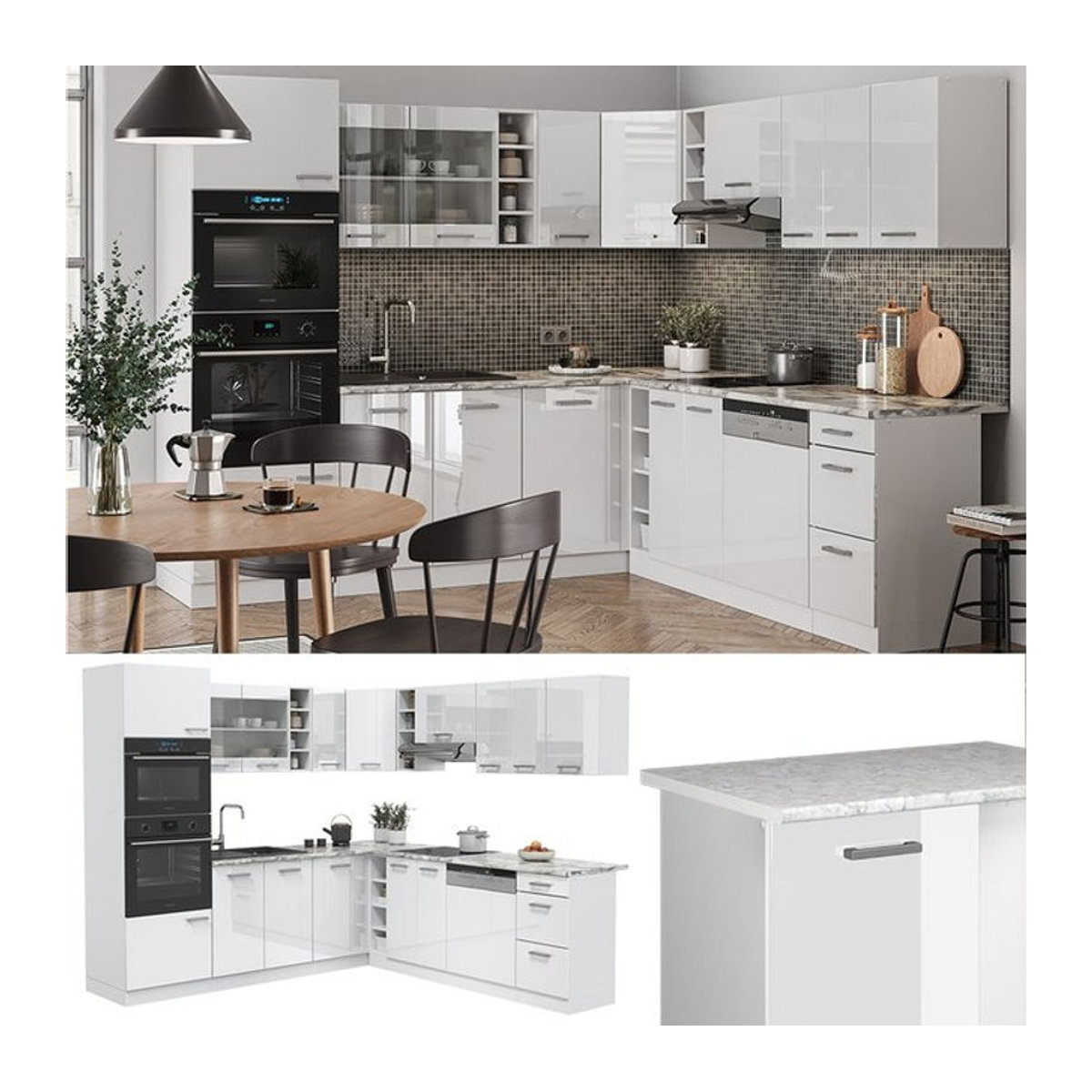 Vicco Eckküche R-Line Winkelküche in Weiß mit Hochglanz-Arbeitsplatte und Drehtüren - Bild 1