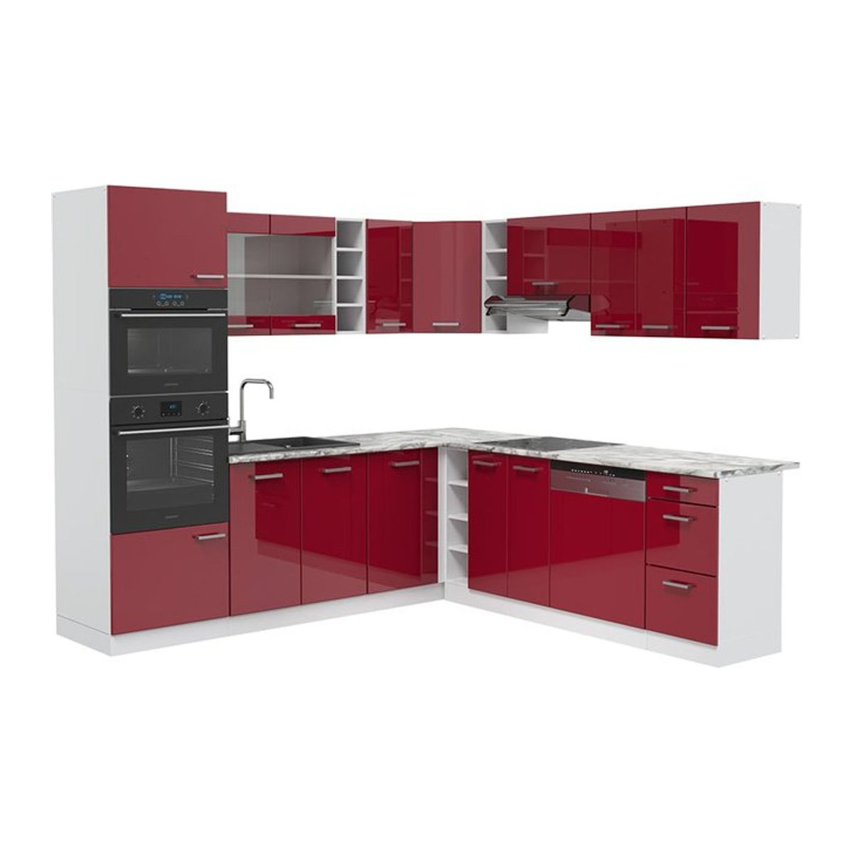 Vicco Eckküche R-Line Winkelküche in Weiß und Bordeaux Hochglanz mit Marmor-Optik, B: 237 x T: 60 cm - Bild 1