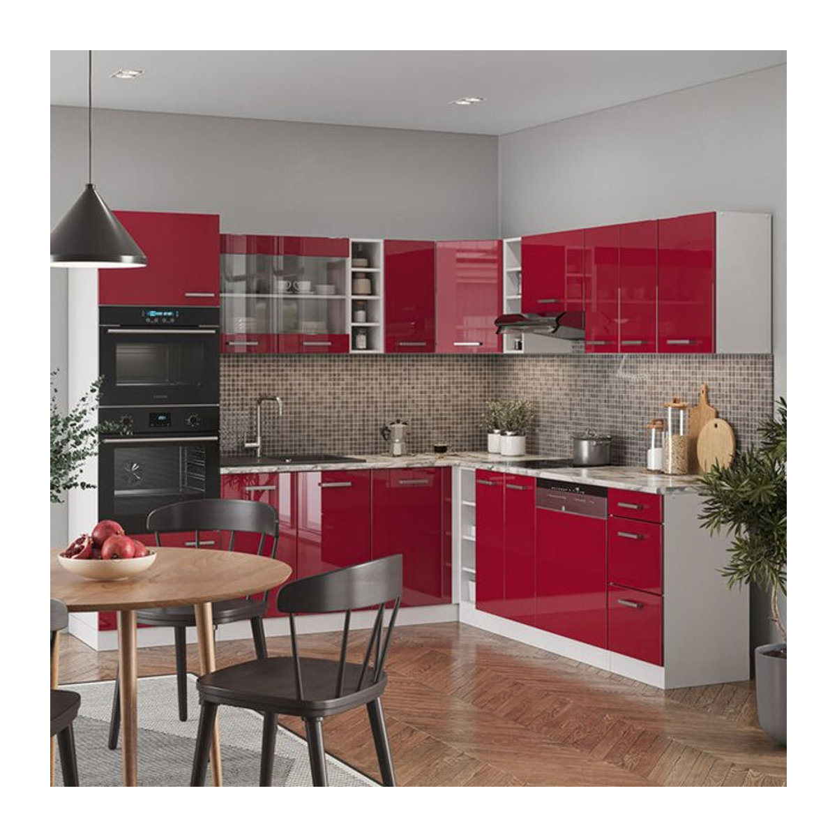 Vicco Eckküche R-Line Winkelküche in Weiß und Bordeaux Hochglanz mit Marmor-Optik, B: 237 x T: 60 cm - Bild 2