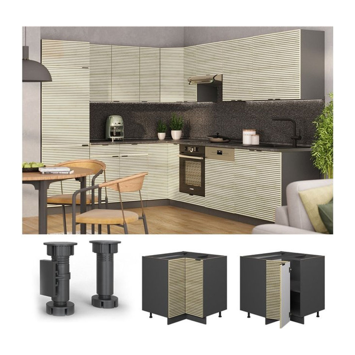 Vicco Eckunterschrank Fame-Line in Anthrazit und Eiche mit gefrästen Drehtüren, 87 cm, ohne Arbeitsplatte - Bild 1