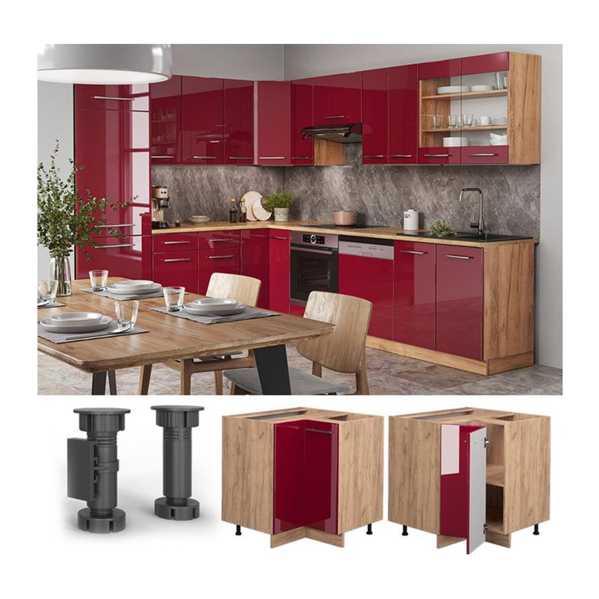 Vicco Eckunterschrank Fame-Line in Bordeaux Hochglanz mit Eiche-Optik und Doppel-Drehtüren, Breite: 87 cm - Bild 1
