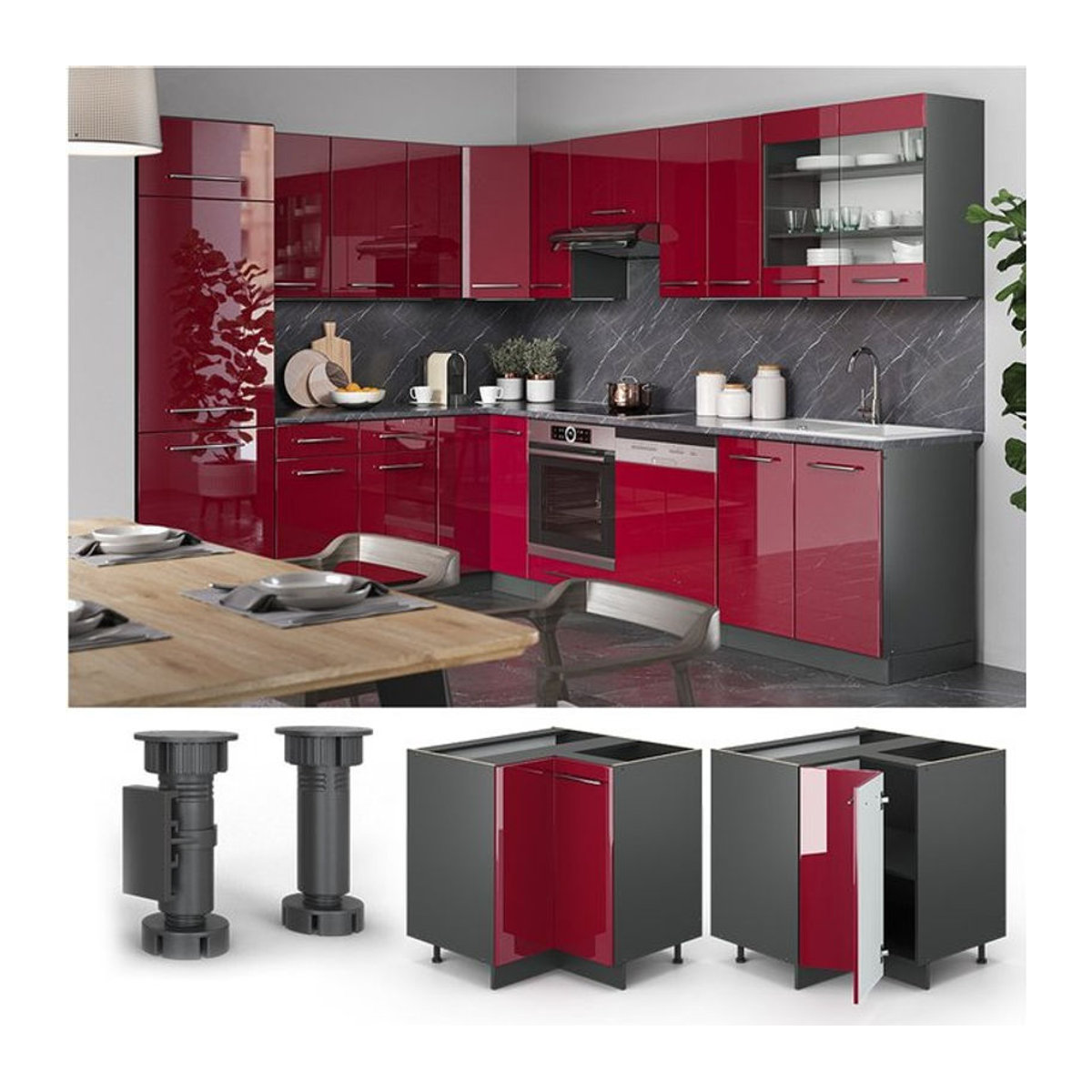 VICCO Eckunterschrank Fame-Line in Rot Hochglanz mit Drehtüren, Breite: 87 cm - Bild 1