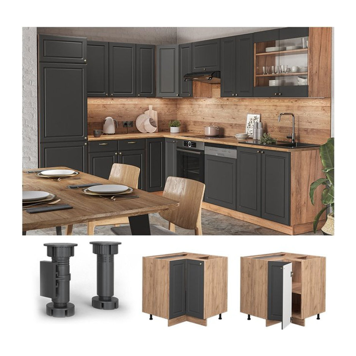 Vicco Eckunterschrank Fame-Line Landhaus Eiche Natur Anthrazit mit Doppel-Drehtüren und Einlegeboden Breite: 87 cm - Bild 1
