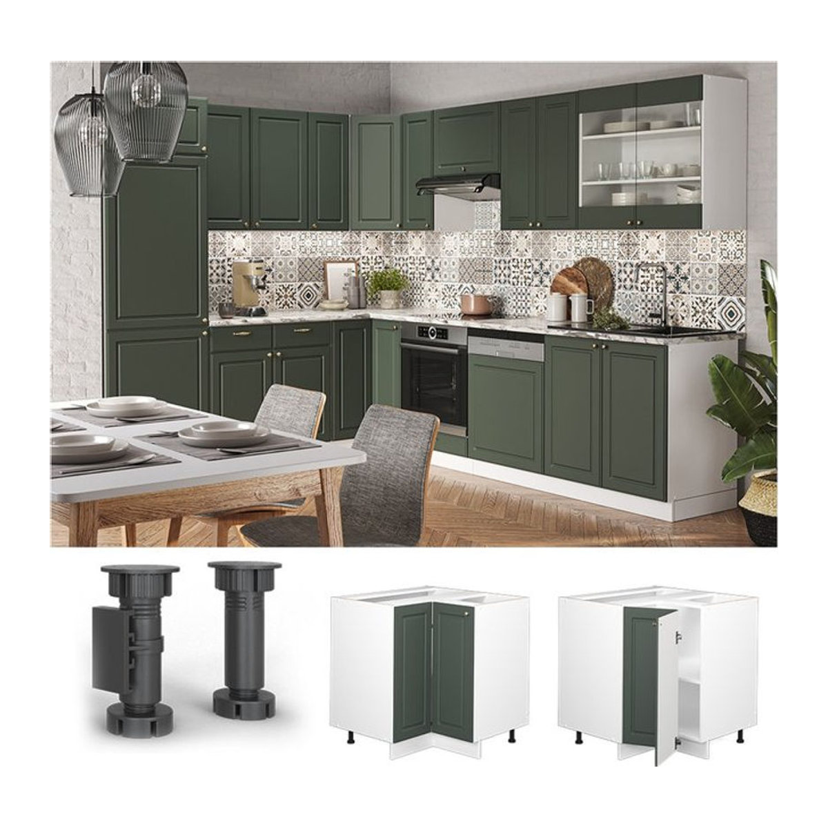 Vicco Eckunterschrank Fame-Line Landhaus Weiß Grün mit Doppel-Drehtüren und Einlegeboden Breite: 87 cm - Bild 1