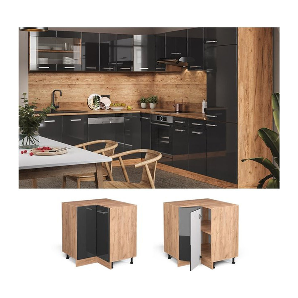 Vicco Eckunterschrank R-Line in Anthrazit mit Drehtüren, Modernes Design, Breite: 87 cm - Bild 1