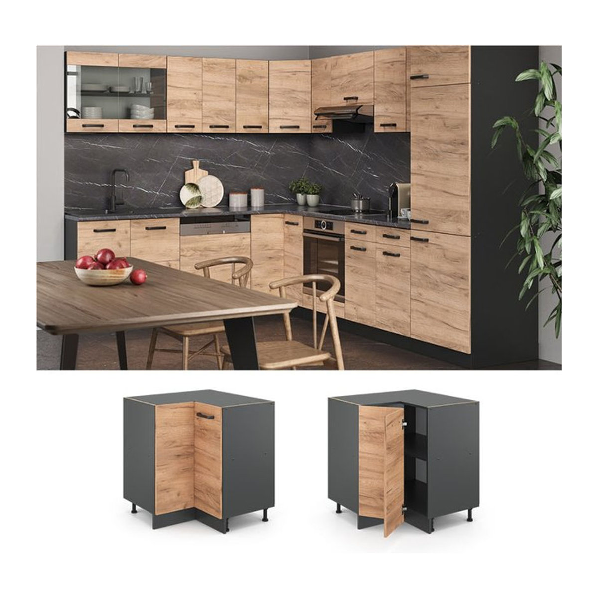 Vicco Eckunterschrank R-Line Küchenschrank aus Holzwerkstoff in Anthrazit oder Eiche Natur mit Drehtüren, Breite: 87 cm - Bild 1