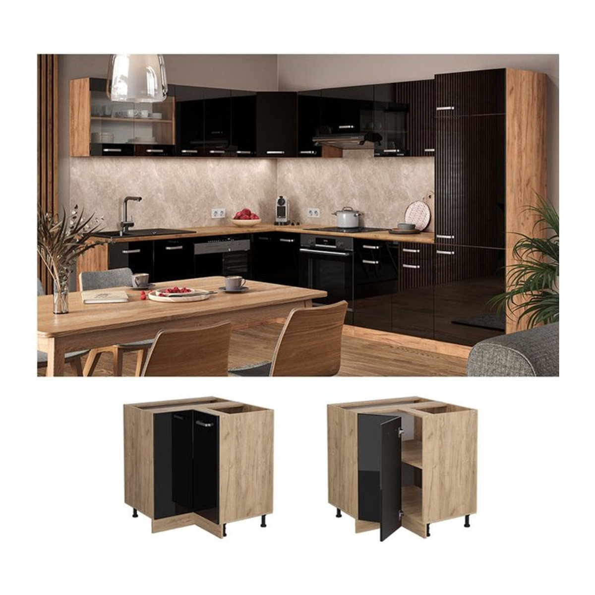 Vicco Eckunterschrank R-Line Modern in Eiche Natur, Blau und Grau mit Drehtüren, Breite: 87 cm - Bild 1