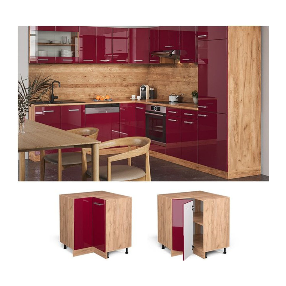 Vicco Eckunterschrank R-Line Modern mit Drehtüren in Rot, Breite: 87 cm - Bild 1