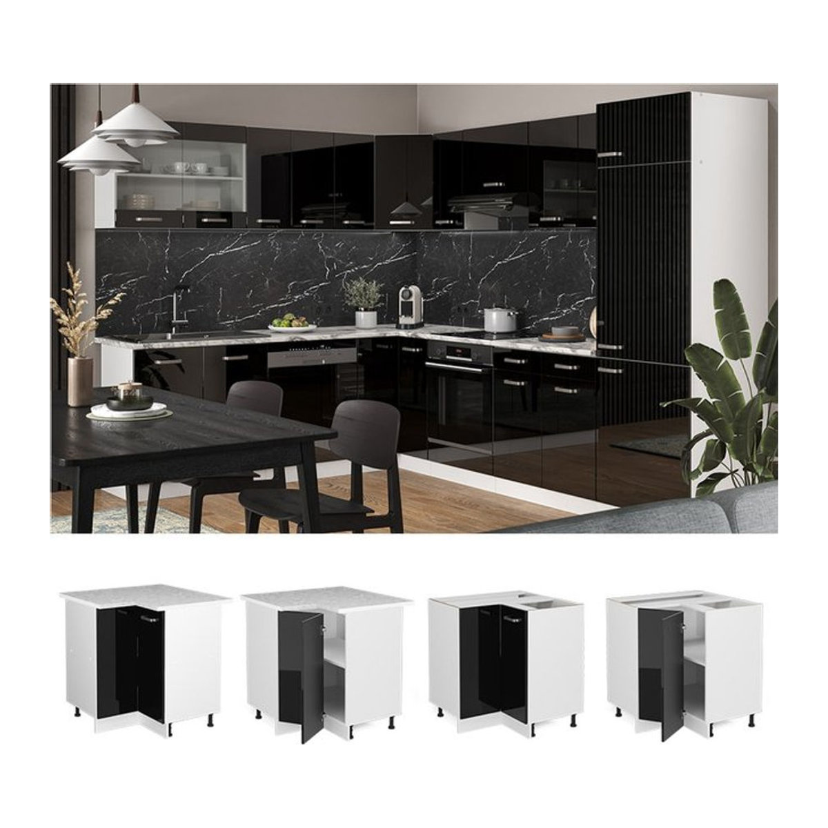 Vicco Eckunterschrank R-Line Solid Modern in Weiß/Schwarz mit Drehtüren, Breite: 87 cm - Bild 1