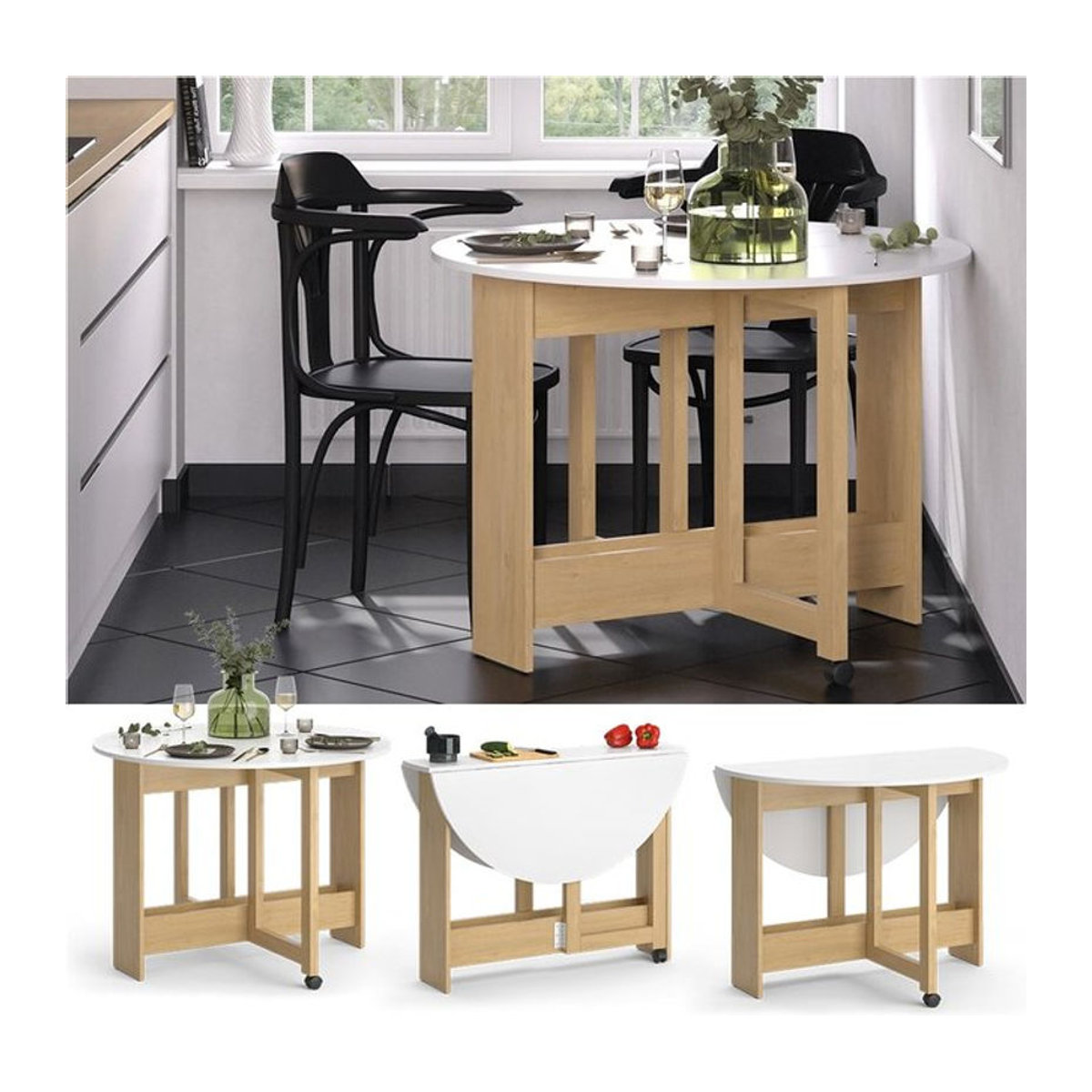 Vicco Esstisch Rondo Ausziehtisch Rund in Eiche und Weiß B: 100 cm, T: 73 cm - Bild 1