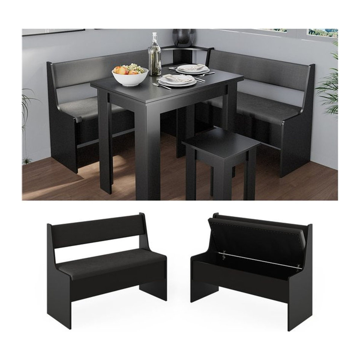 Vicco Esszimmerbank Roman Sitztruhe Schwarz, B: 107 cm, T: 41,5 cm, H: 80 cm - Bild 2